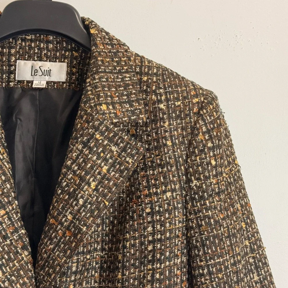 Le Suit Womens Brown Multi Tweed Skirt Suit Set Blazer Pencil Skirt Size 12